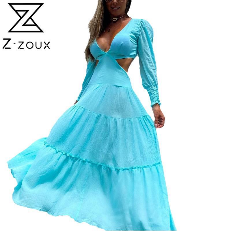 

Women Dress Long Sleeve V-neck Hollow Out Sexy Beach Dresses Plus Size Vintage Summer 210524, Blue