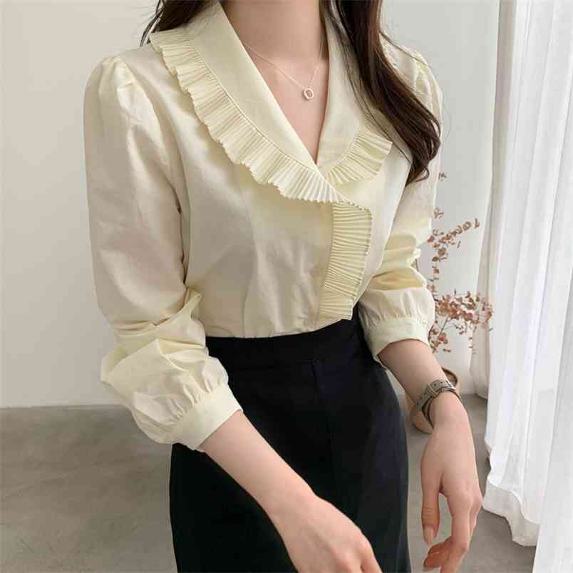 

Retro Wood Ear Spliced Lapel Long Sleeve Shirt Chic Women Elegant Fashion Casual Female Tops 210519, Photo color