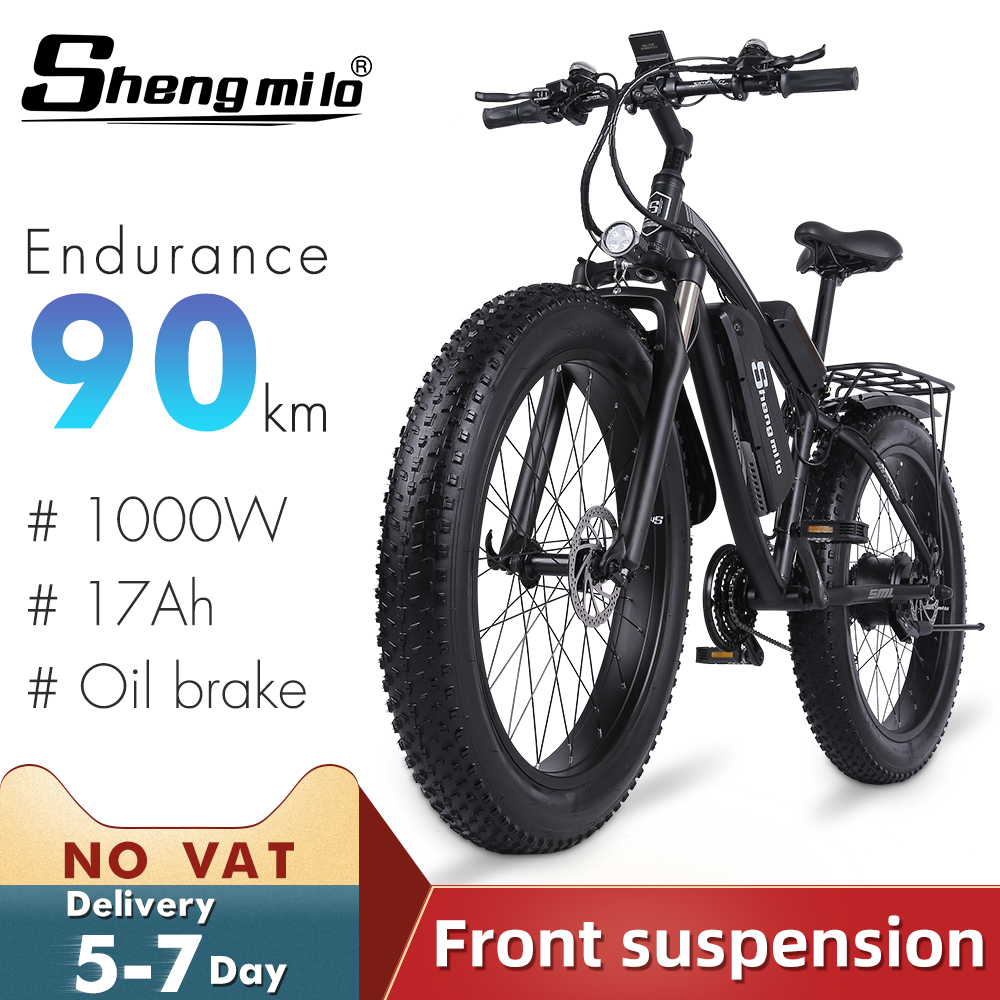 

26 Inch Electric Bike 1000W Ebike City Fat Tire Bicycle Mountain Bike 17Ah 48V Lithium-battery E-bike Shimano 7 Speed Moped Shengmilo, 26 inches black