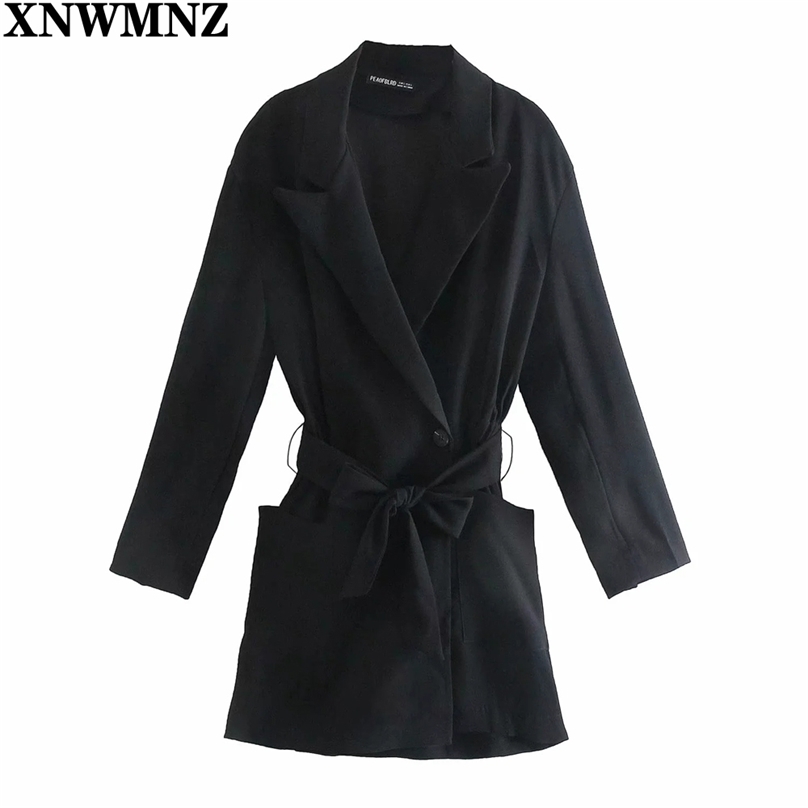 

Vintage Sashes A-line Party Mini Dress Women Long Sleeve Notched Collar Solid Office Lady Elegant Patch Pockets Dresses 210520, Black