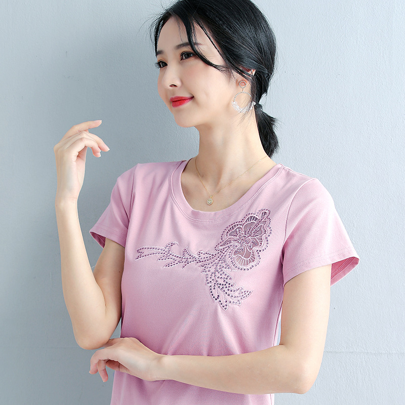 

2021 summer design engraving short sleeve fashion T - shirt women top 5893, White