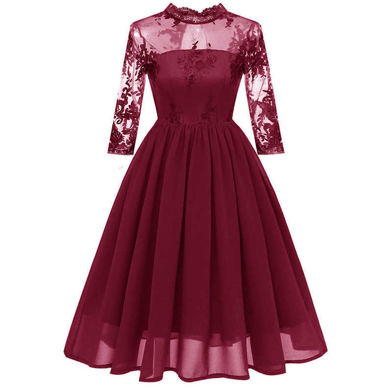 

Big Swing Solid Color Lace Backless High Waist Three Quarters Sleeve O Neck Dress Women Plus Size Elegant Evening Party Dresses 210608, Navy blue