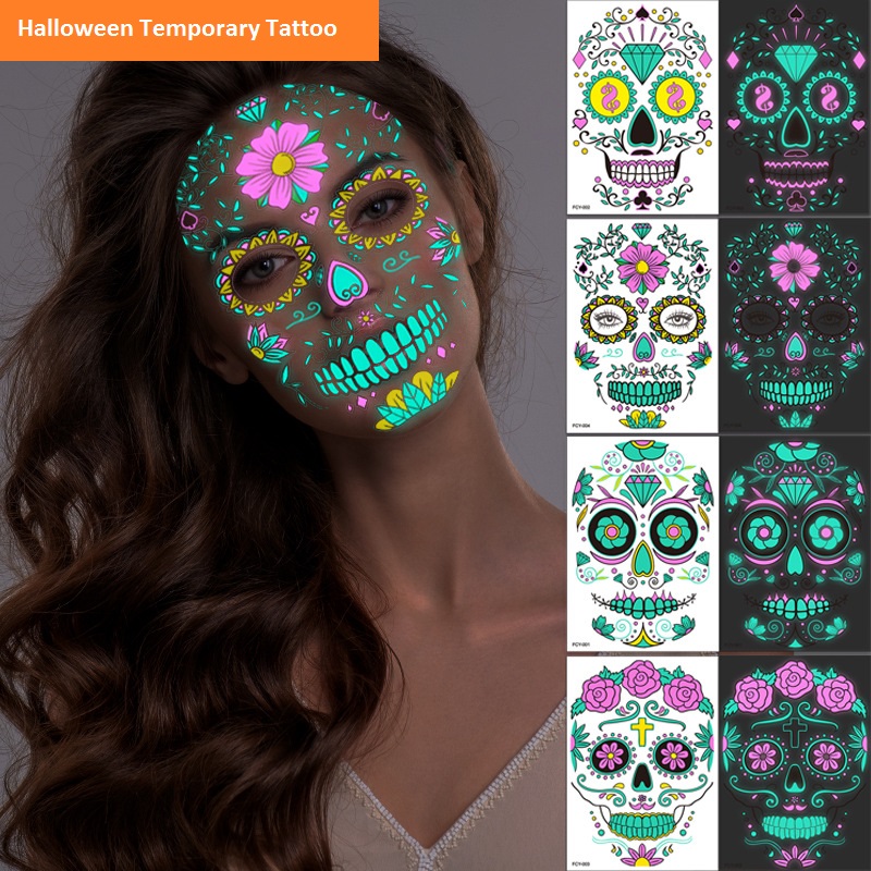 

T04 Halloween Temporary Face Tattoos Glow in the Dark Spider Web Scar Roses FullFace Mask Tattoo Stickers for Women Men