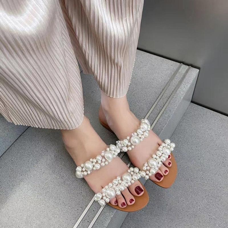 

Women Flat Bohemian Transparent Bottom Pearl Versatile Crystal Sandals Soft Stitching Ladies Sandals#, Black