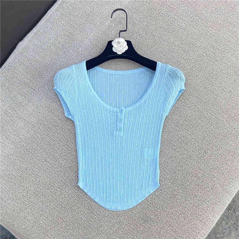 

summer fashion women clothes round neck short sleeves thin see throw pullover slim T-shirt WR68405 210525, Blue