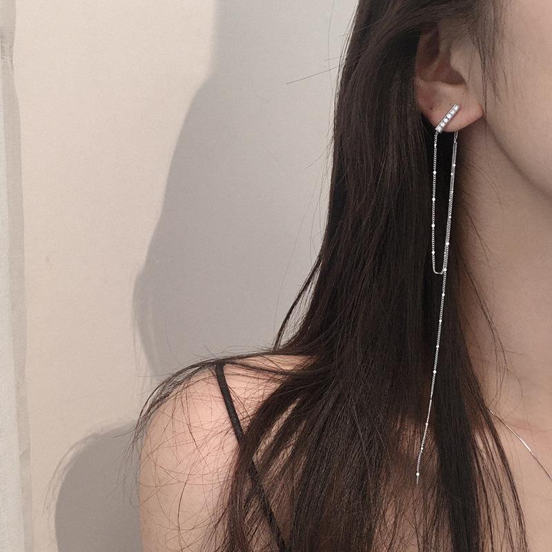 Dangle & Chandelier A Girl&#039; 2021 Flash Ear Line Female Korean Long Chain Tassel Asymmetric Temperament Drop Earrings For Girl Gift-image-709740209