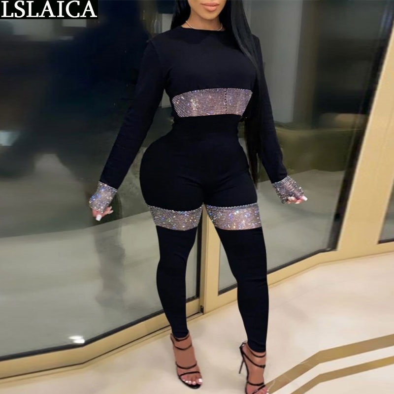 

Bodycon Jumpsuit Night Club Casual O Neck Fashion Women Long Sleeve Diamonds Fall Clothes for Sexy 210520, Beige