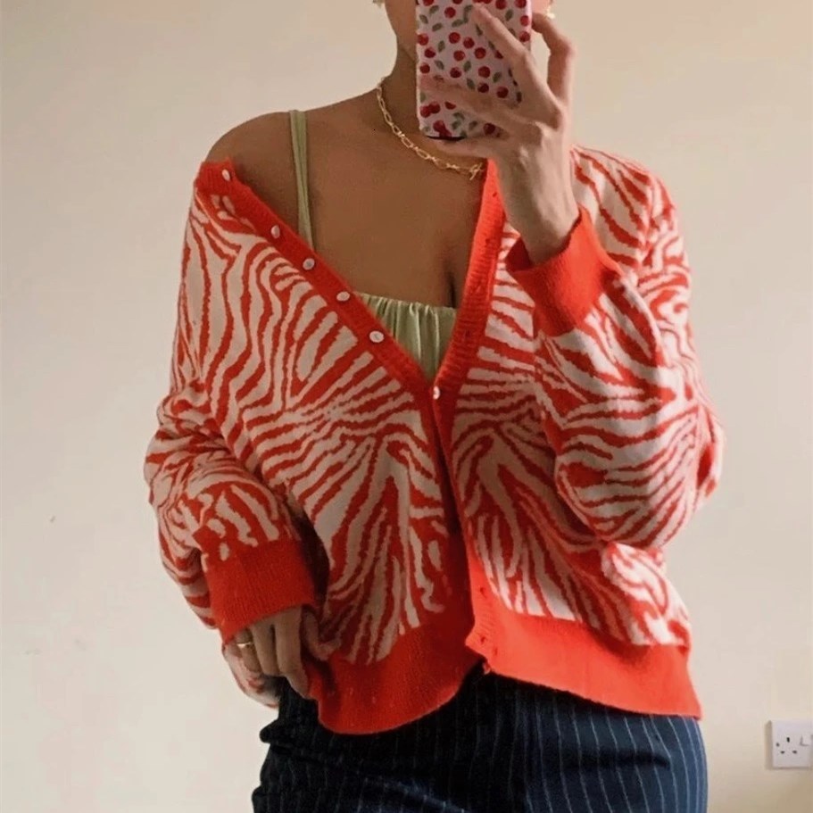 

women's jackets casual female sweater prints zebra, long sleeve knitted, short loose with autumn buttons and winter y2k wm33, Black;brown