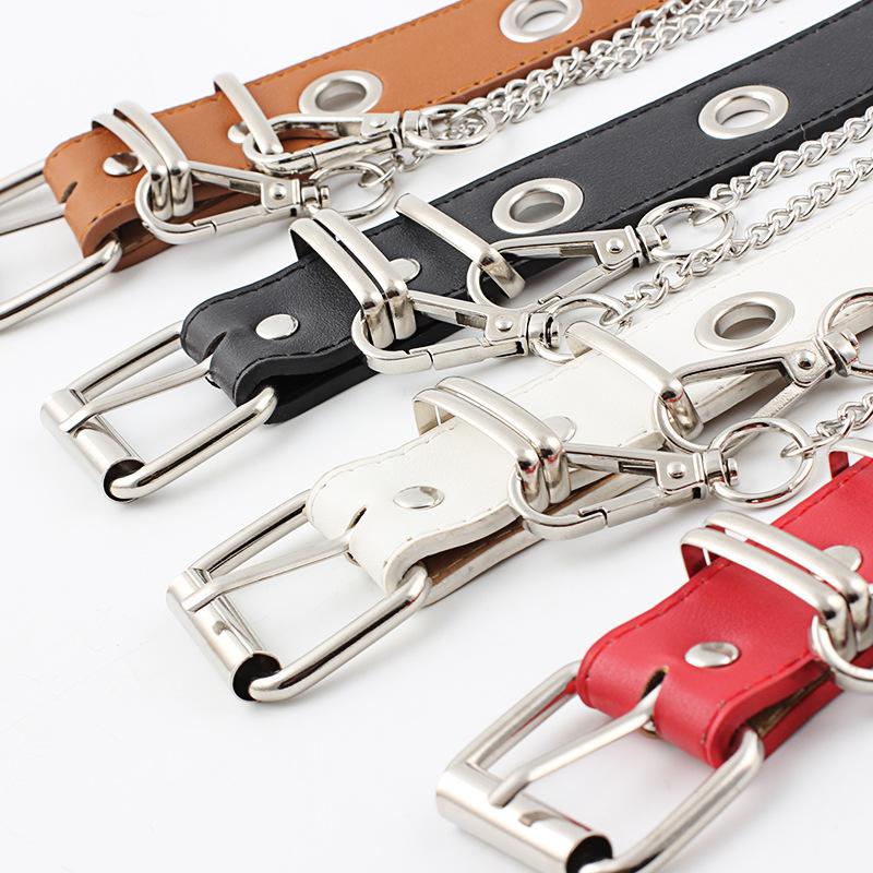 

Belts Women Skinny Trendy Metal Chain Punk Style Faux Leather Waist Dress Jeans, Black;brown