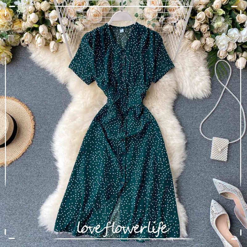 

V Neck Polka Dot Print Summer Dress Elegant Party Chiffon Dress Women Single-breasted Casual High Waist Vestidos 210521, White