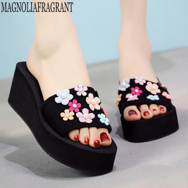 

Slippers Platform Sandals Women Wedge Zapatillas Summer Shoes Fashion Straped Beach Flip Flops Slides Flower C579, Black