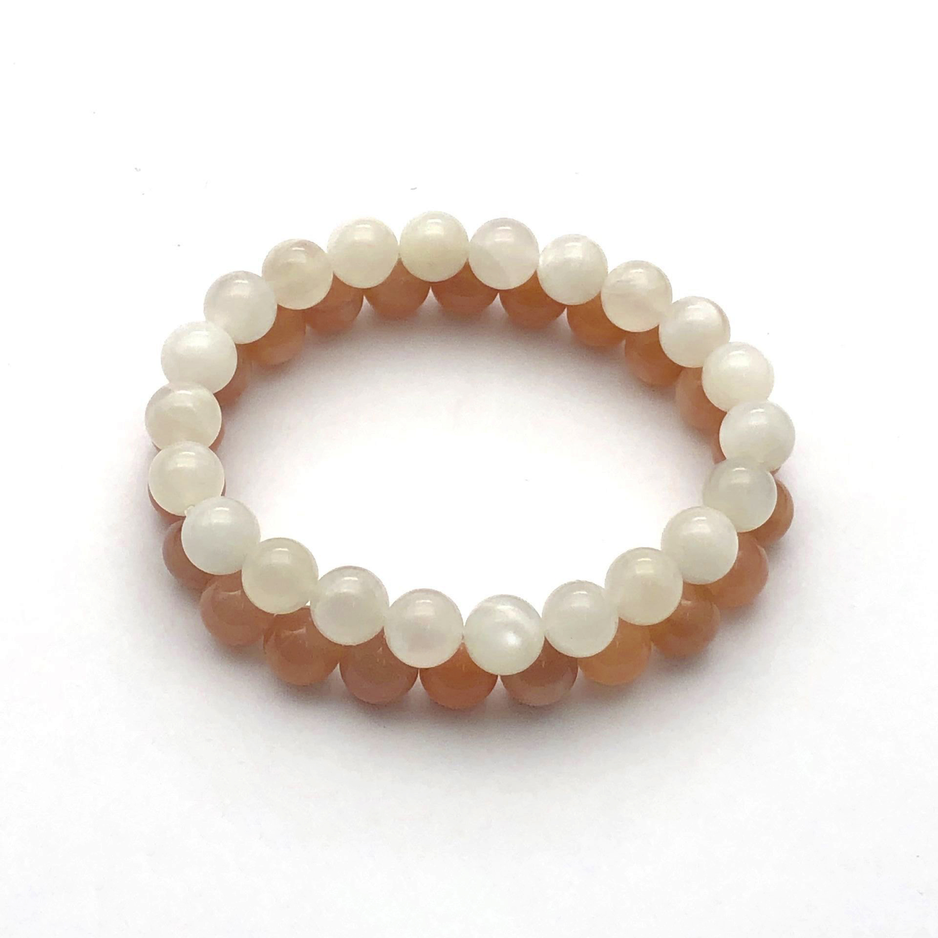 

8mm Peach Sunstone & White Moonstone Beaded Bracelet Stretch Gemstone Bracelets