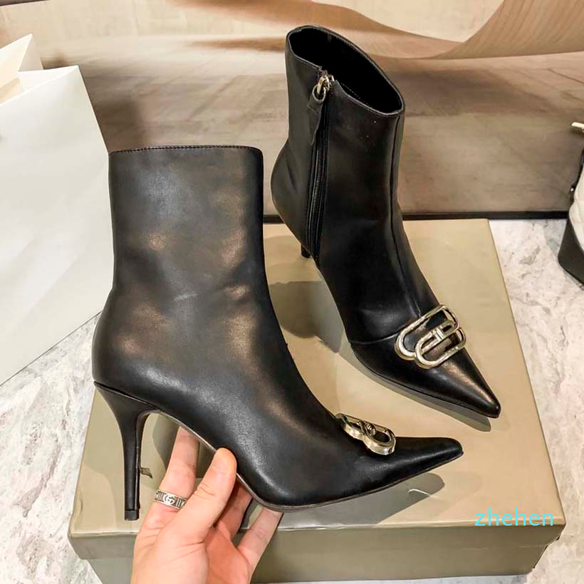 

Designer Boots Classic heel Pointed Ankle Booties Martin Cowboy boot Women Shoes Black White Calf Leather upper Technical, #2