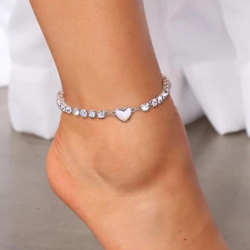 

Anklets VCU Ins Fashion Silver Heart Rhinestone Anklet Wholesale For Women Beach Barefoot Love Ankle Bracelet Leg Jewelry, Red;blue