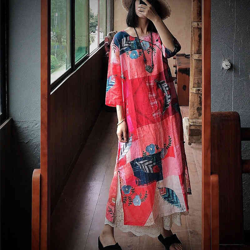 

Johnature Summer Loose Casual Print Ramie Dress Vintage O-Neck Linen Half Sleeve Plus Size Women Retro Red Dress 210521, Print red