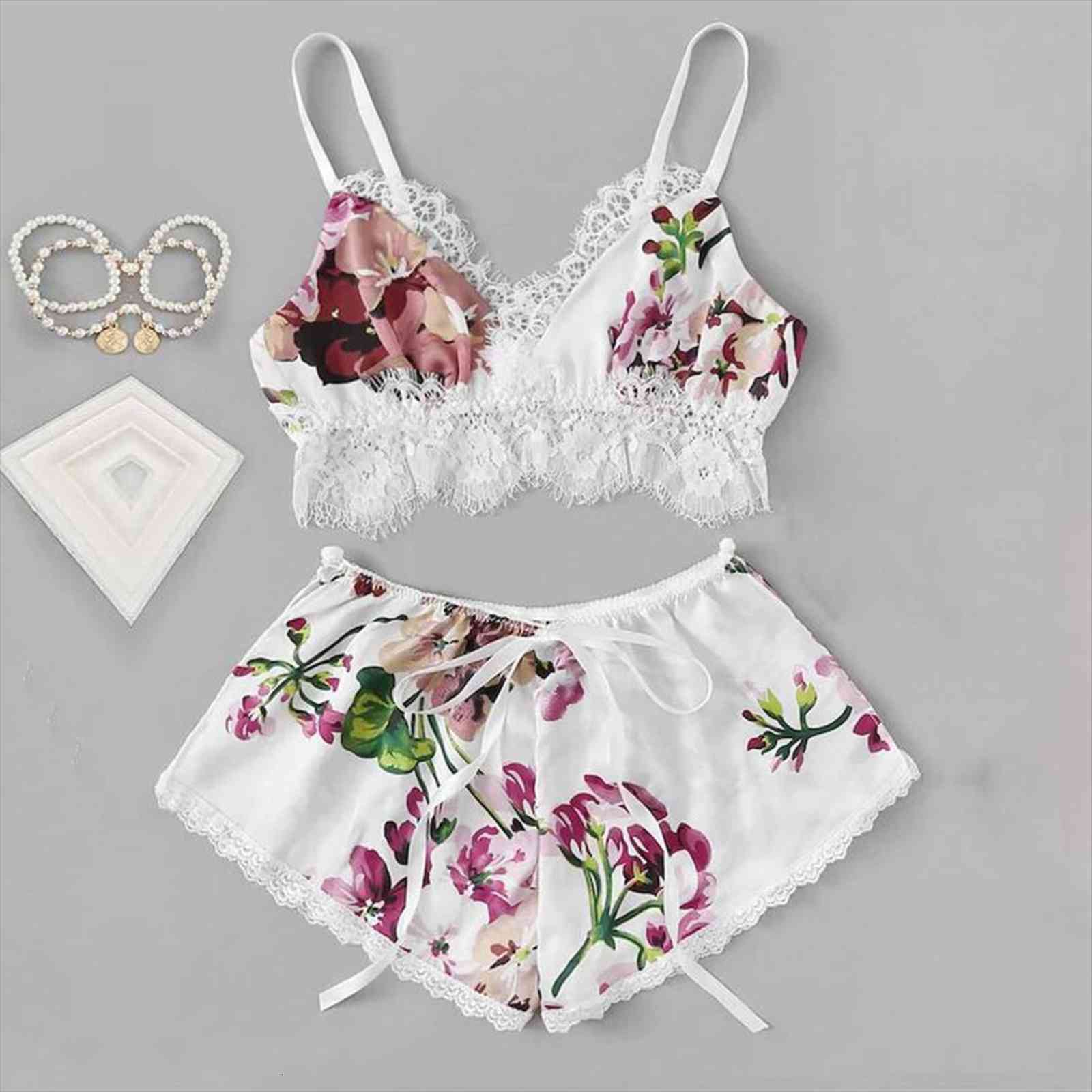 

pajama sets sleep wear women sleepwear lingerie satin lace v neck camisole shorts set pajamas ladies sleeping clothes yj, Black;red