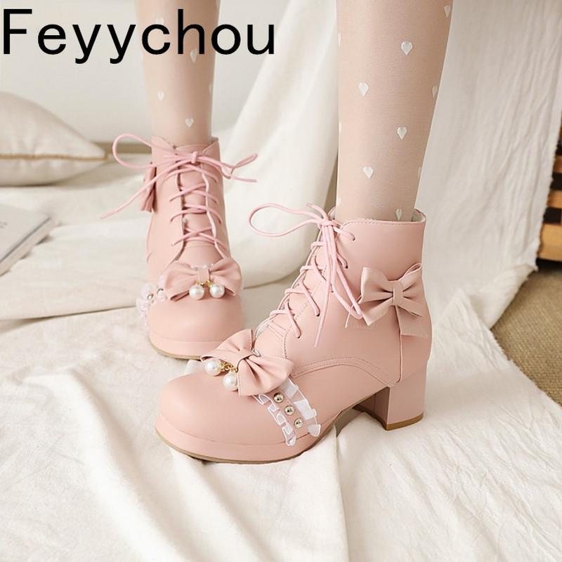 

Boots Women Autumn Winter Warm Modem Pu Ankle Med Heel Round Toe Square Lace Up Platform 2021 Sexy Fashion Black