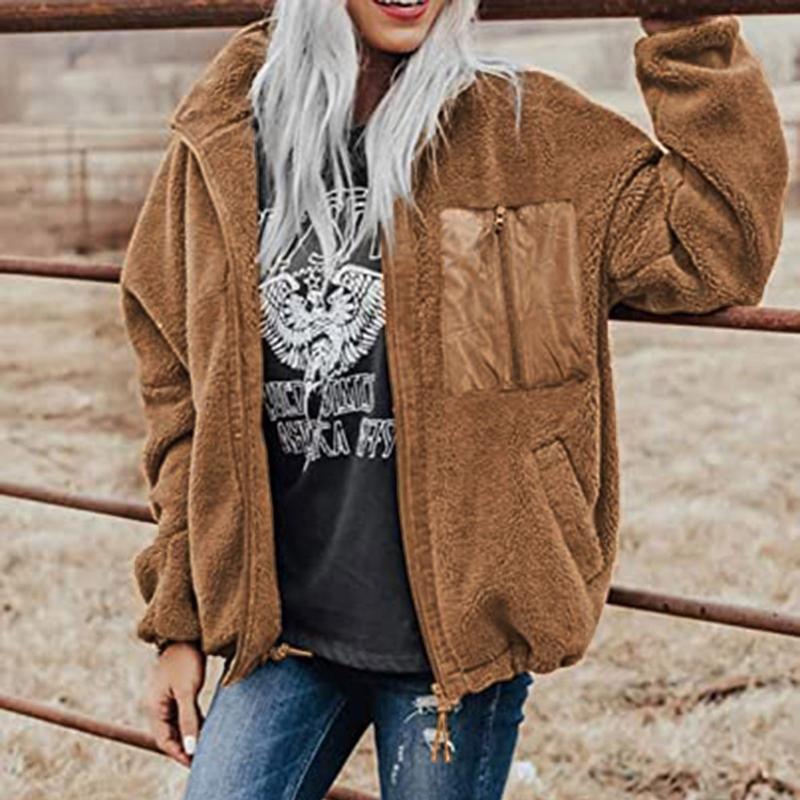 

Women's Jackets Vintage Fashion For Women Loose Winter Long Sleeve Outerwear Turn Down Collar Zipper Plush Warm Zzipper Female, Blue