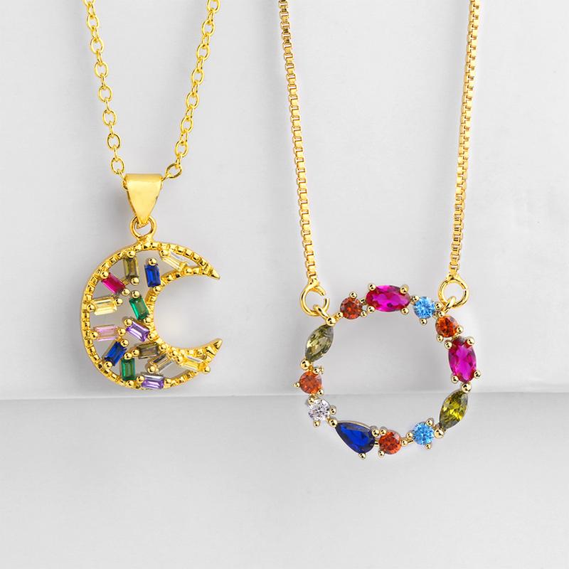 Pendant Necklaces Luxury Geometric Round Circle Moon Women Necklace With Baguette Rainbow Cz Gold Long Chain Gorgeous Jewelry Nke-p29-image-706614278