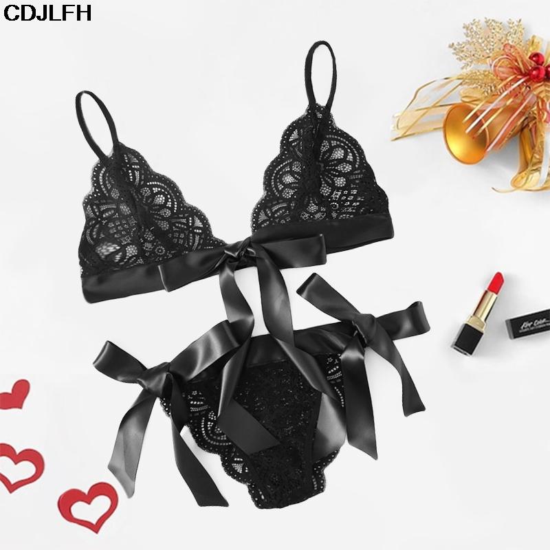 

Bras Sets 2/Pcs Lace Scallop Bra And Panty Set Sexy Bow Lingerie Open & Women Transparent Pantie Female Black Lenceria Mujer