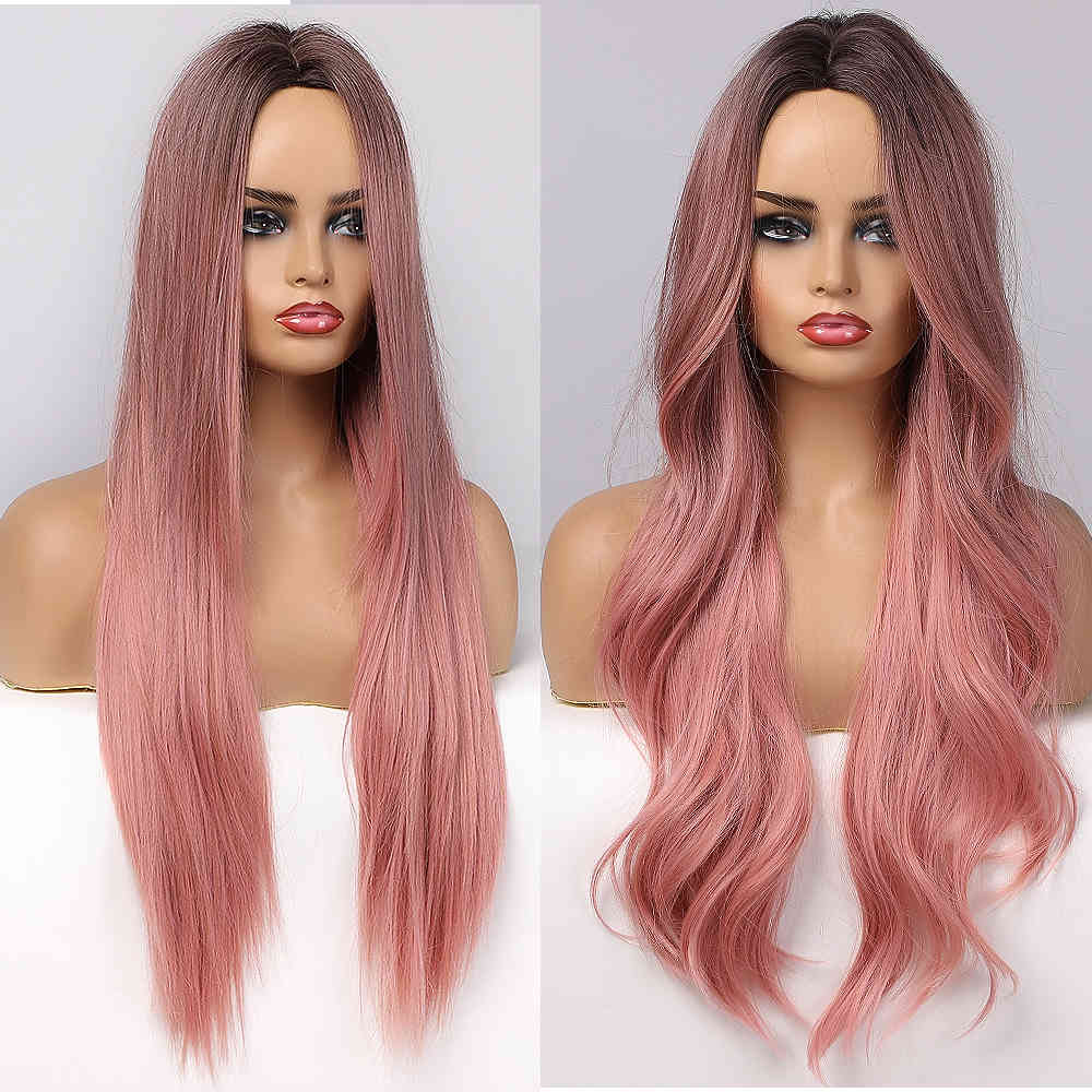 

ALAN EATON Long Wavy Synthetic Ombre Black Pink Wigs for Women Cosplay Natural Middle Part Hair Wig High Temperature Fiber, Lc273-1
