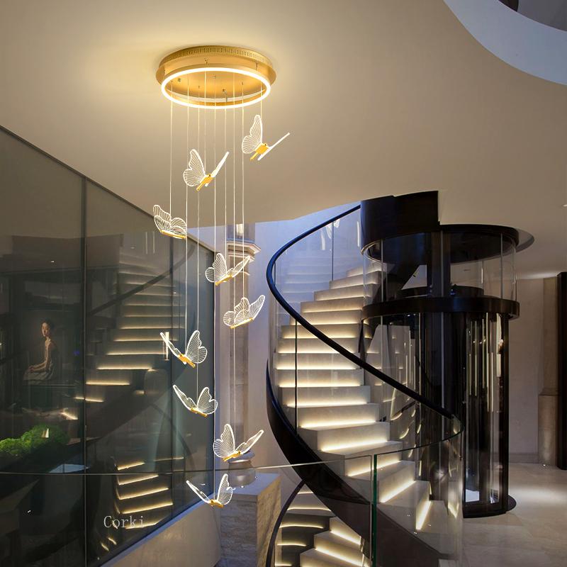 

Pendant Lamps Modern Stair Chandelier Acrylic Butterfly Shape Hanging Lamp Nordic Ceiling Duplex Living Room Dining LED Decor