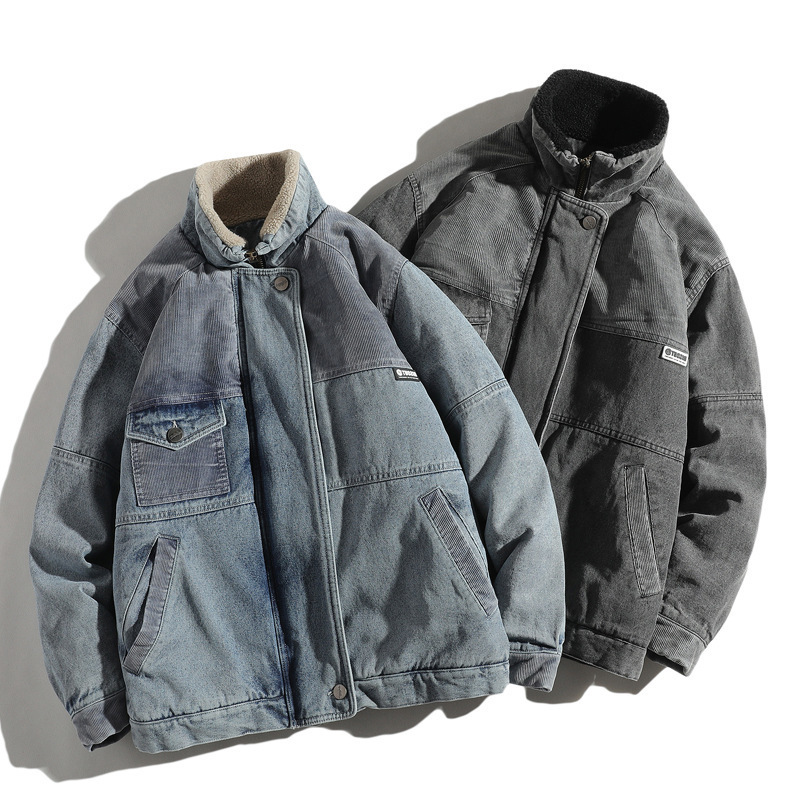 

Aj5101 Korean Men Denim et Retro Hip Hop Streetwear Patchwork Loose Thicken Student Youth Stand Kraag Casual Chic Jas MaleMHS4, Black