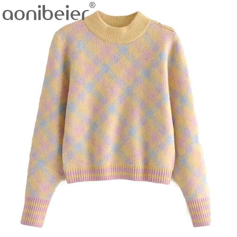 

Women's Pink Sweaters Plaid Mujer Crop Tops Femme Knitwears Female Cropped Pullovers Chic Knit Top Vintage Skinny 210604, Yellow