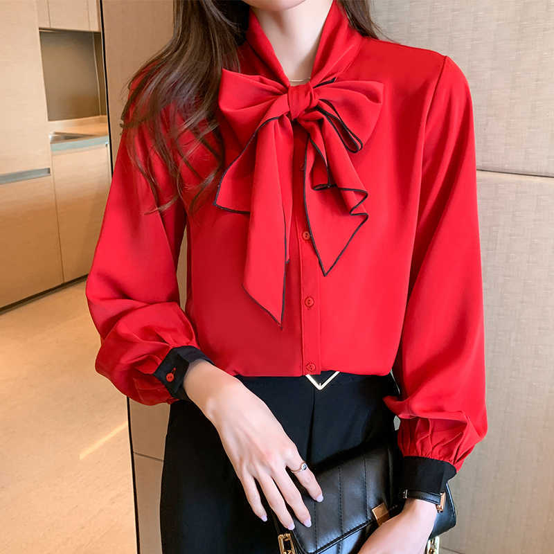 

Korean Women Blouses Chiffon Blouse for Long Sleeve Shirts Tops Plus Size Woman Ribbon Bow Tie 210604, Red