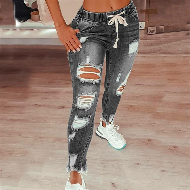 

2011women dstring denim jeans 2021 new fashion ripped hole stretch ladies jean pants casual plus size pencil pants trousers, Blue
