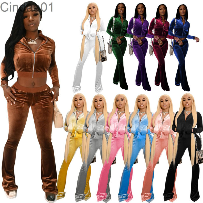 

Women Tracksuits Two Pieces Set Deisgner Outfits Slim Sexy Korean Velvet Rib Stitching Solid Colour Zipper Coat Leggings 12 Colours, Mix colours