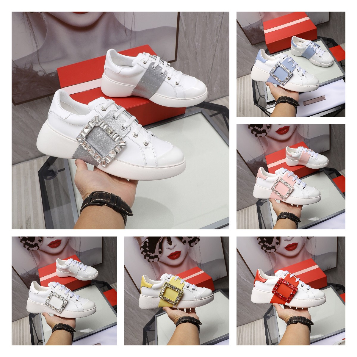 

2021 Designer Luxury A2 Women Casual Shoes Lady Low-top Leather Sneaker Calfskin Crystal Lace-up White Shoe Street Style Fashion Comfort Top Quality With Box Size 35-40, Color 1
