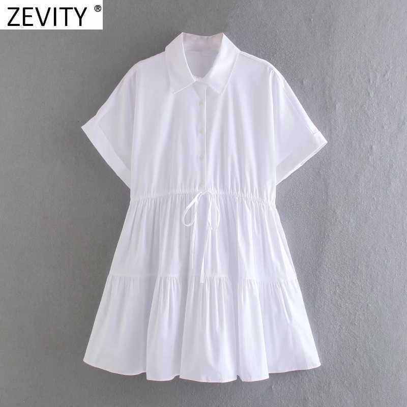 

Zevity Women Fashion Turn Down Collar White Pleats Mini Dress Office Lady Chic Short Sleeve Waisr Bow Tied Casual Vestido DS8105 210603, As pic ds8105bb
