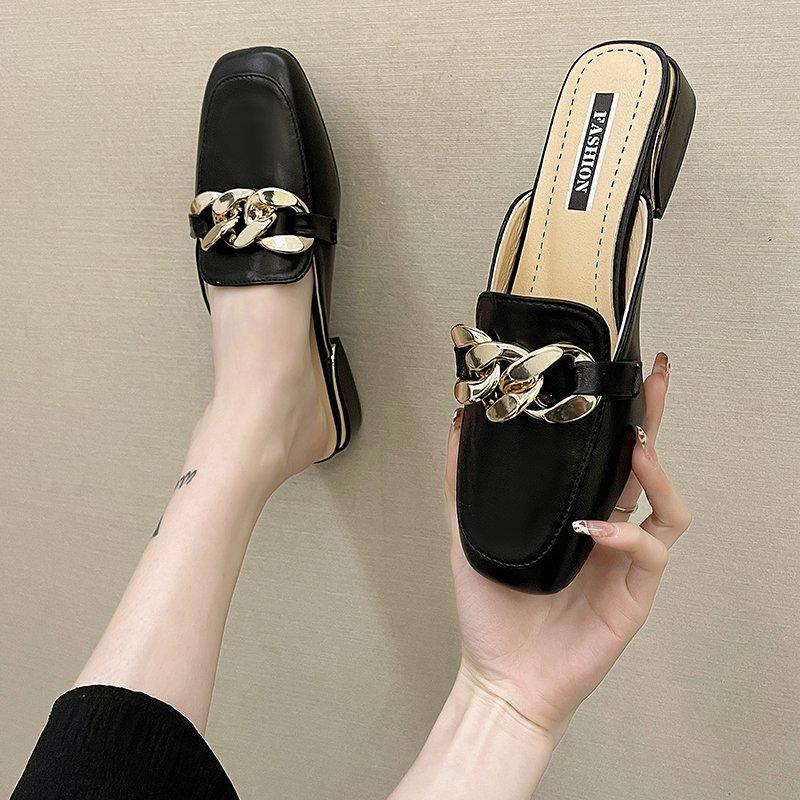 

Slippers 2021 Summer Women Slipper Square Toes Gold Chain Slip On Shoes Low Heels Casual Mules Baotou Semi Ladies, Beige