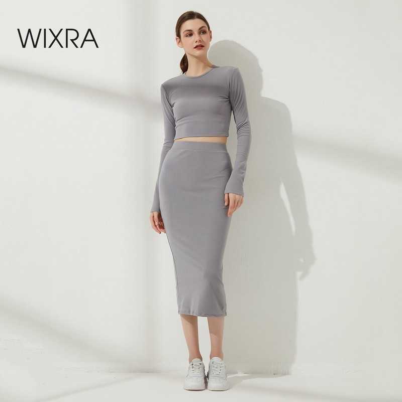 

Wixra Womens Elegant Sets Slim Fit T Shirts Elastic Waist Mid Calf Skirts High Street Suits Spring Summer 210708, Light gray