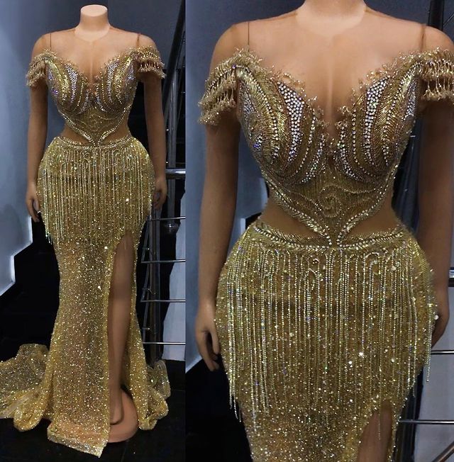 

2021 Plus Size Arabic Aso Ebi Gold Luxurious Sparkly Prom Dresses Beaded Sequined Sheer Neck Evening Formal Party Second Reception Gowns Dress ZJ335, Multi