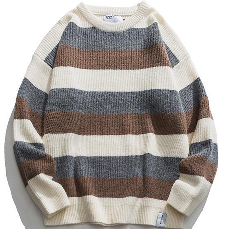 

Men Vintage Stripe Sweater Japanese Hip Hop Harajuku Couples Pullover Knitwear Loose Fashion Casual Winter Sweater Tops, Color 1