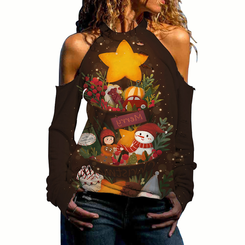 

Autumn Christmas gift box printing strapless long-sleeved round neck loose and comfortable casual all-match bottoming shirt sweater women, White