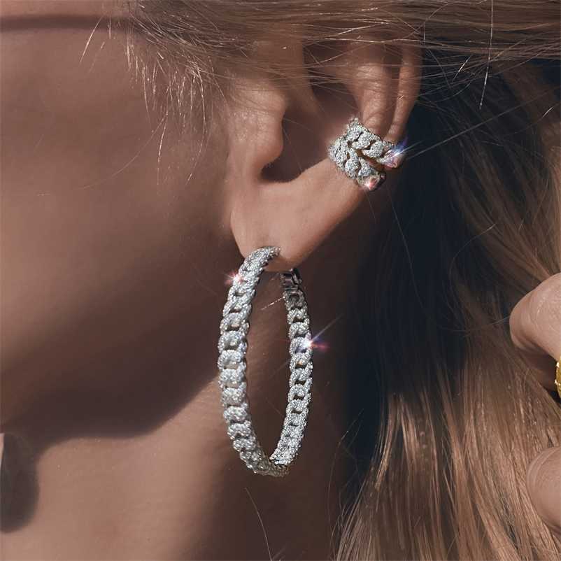 

48MM Silver color micro pave 5A cz cubic zirconia cuban link chain big hoop earring for women 220119