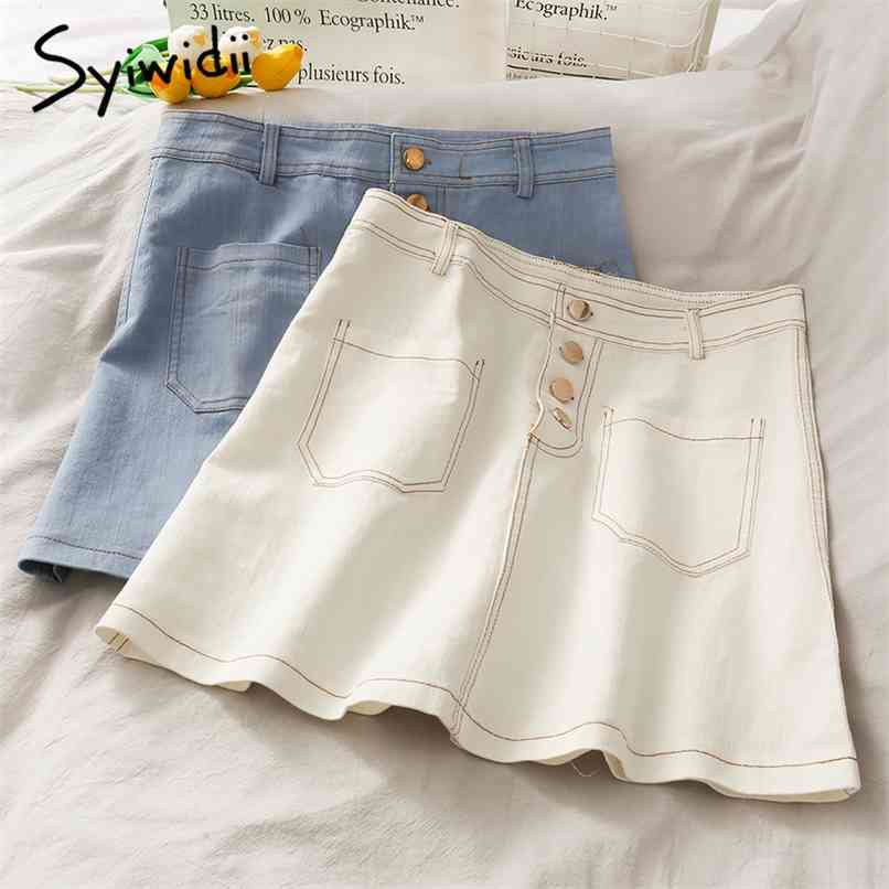 

Pockets Button High Waist Skirt Women Single Breasted Casual A-Line Solid White Summer Korean Fashion Mini Skirts 210607, Blue