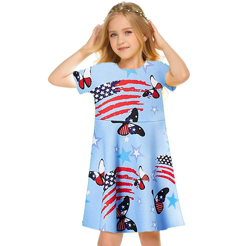 

Blue butterfly dress short-sleeved printed dress children's casual dress A-line skirt knee-length simple, elegant and colorful 5-15 years old, Red;yellow