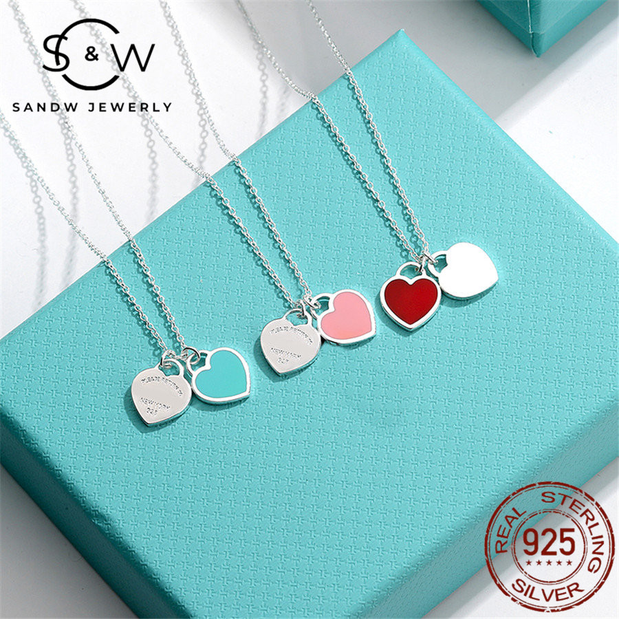 

SANDW sterling silver charm jewelry double heart-shaped enamel necklace S925 Women LOVE pendant clavicle chain sweet fashion design sense gi