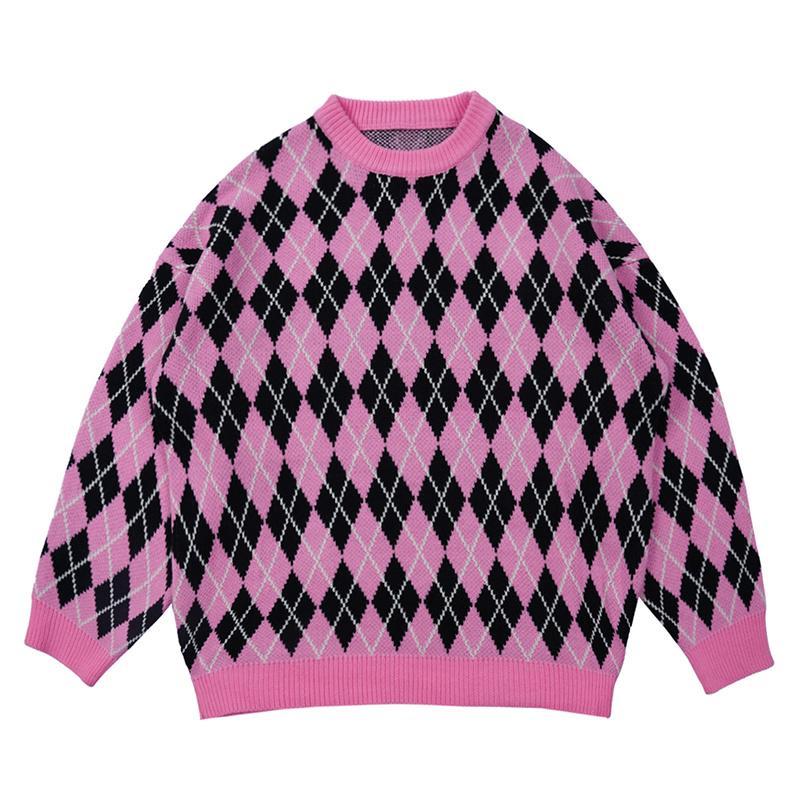 

Men's Sweaters For Oversize Pullover Color Jacquard Women Men Rhombus Match Knite Streetwear Autumn Casual Vibe Retro Sweater Clothes, White;black