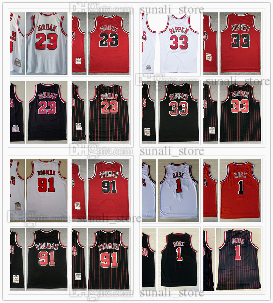 

Mitchell & Ness Retro Mesh Scottie 33 Pippen Jerseys Basketball Dennis 91 Rodman Derrick 1 Rose 23 Michael Men Red White Stripe Black Shirts Stitched 1997-98 1995-96