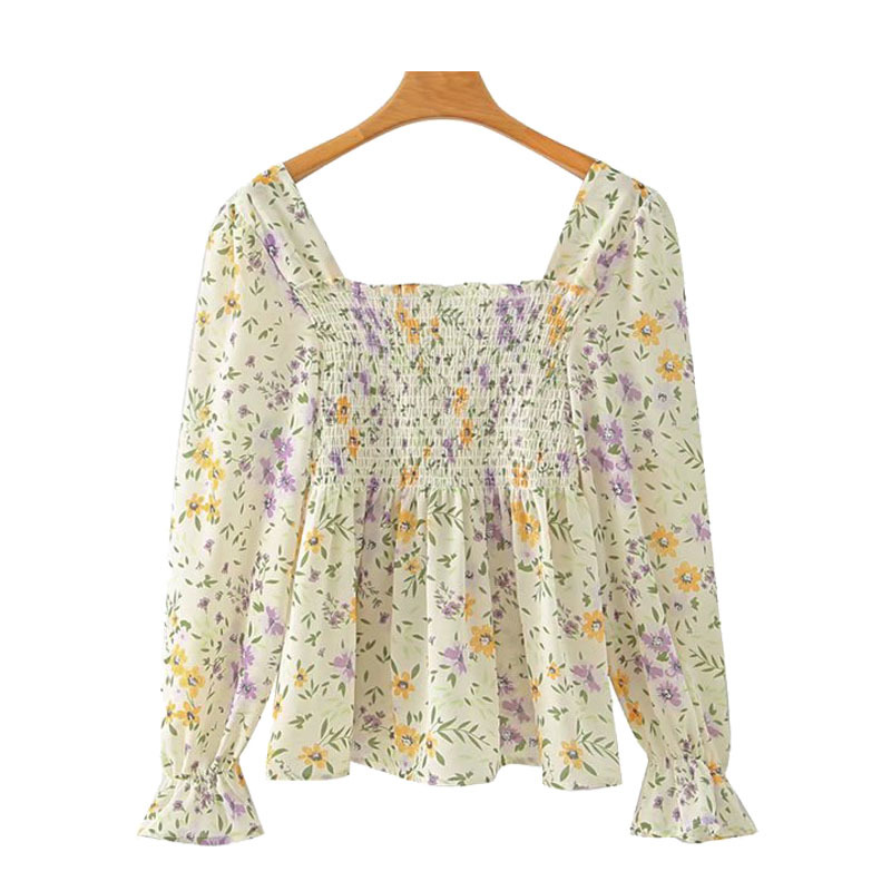 

Women Fashion Floral Print Elastic Smocked Blouses Vintage Square Collar Long Sleeve Female Shirts Chic Tops 210521, As picture