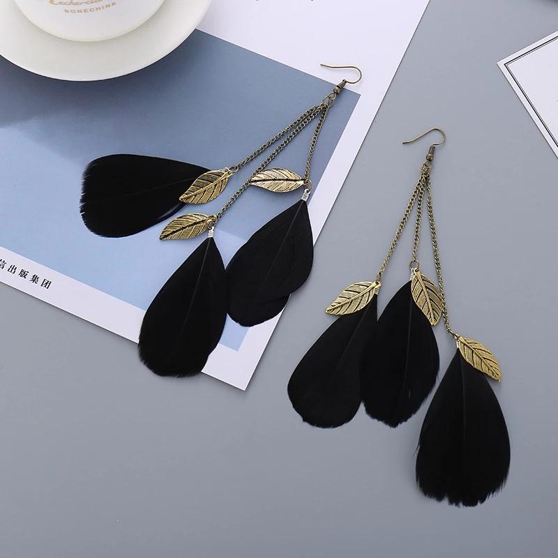 

dangle & chandelier boho retro long feather exaggerated earrings for women thailand drop-shaped chain alloy tassel earring wedding je, Silver