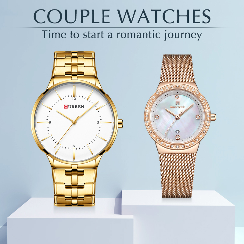 

CURREN Brand Luxury Lover Watches Fashion Quartz Calendar Dress Women Men Watch Couple Wristwatch Relojes Hombre Set for Sale 210517, Gold