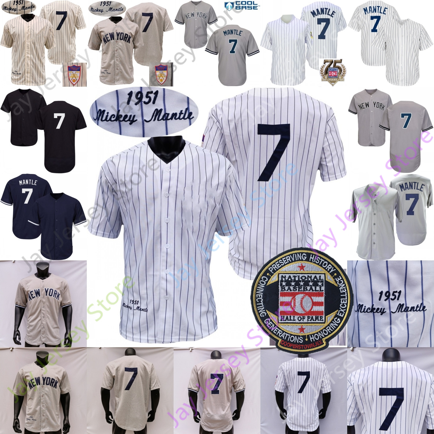 

Mantle Jersey Hall Of Fame Patch 75th Salute to Service 1951 Grey Turn Back Cream White Pinstripe Navy Player Fans Size S-3XL, Women pinstripe