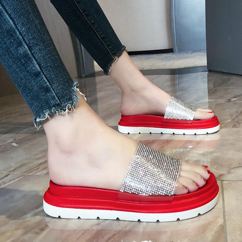 

Slippers Summer Women's Shoes Non-slip Beach Non Slip Plus Size Ladies Slides Rhinestone Rainbow Color Outdoor Female, Green