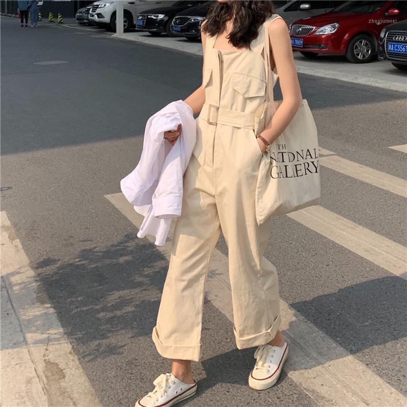 

Women' Jumpsuits & Rompers Style Casual Jumpsuit Women 2021 Fashion Solid Square Collar Sleeveless With Sashes Beige Blue Straight Cotton O